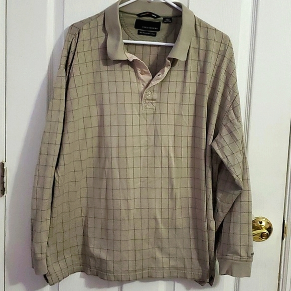 Greg Norman Tan Checkered Micro Plaid Long Sleeve Golf Polo Shirt - Picture 1 of 11